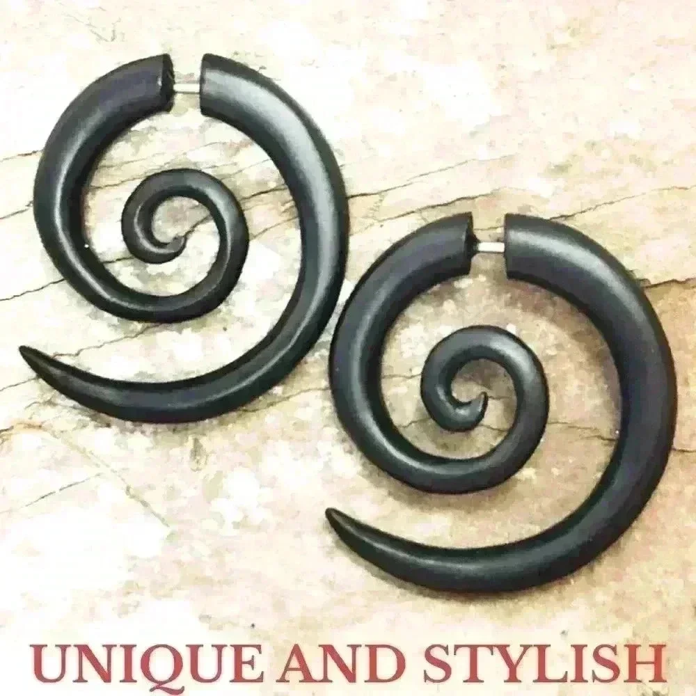 New Organic wooden spiral hoop earrings fake gauges by umbrellalaboratory